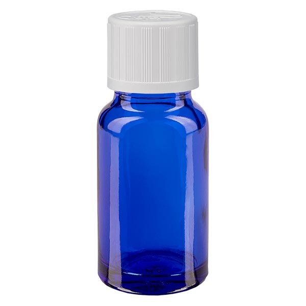 Flacon pharma. bleu 10 ml bouch. à vis blanc séc. enf. st