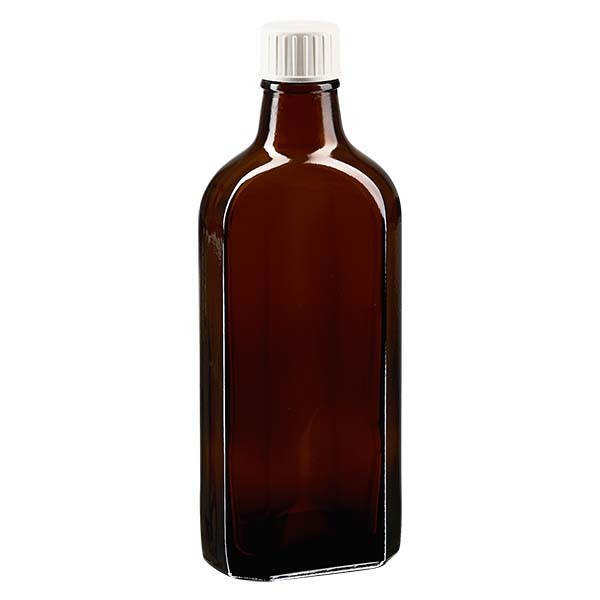 Flasque brune de 200 ml au goulot DIN 22, avec bouchon à vis DIN 22 blanc et bague anti-gouttes