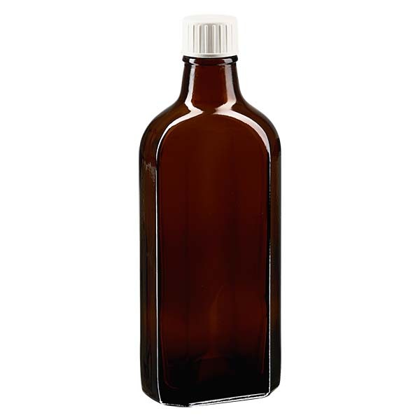 200 ml bruine Meplatfles met DIN 22 opening, incl. schroefdop wit met uitgietring