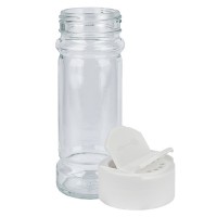 Glazen kruidenpotje cilindervorm 100 ml met 41 mm schroefdraad, helder glas incl. strooi-schroefsluiting wit Glazen kruidenpotje cilindervorm 100 ml met 41 mm schroefdraad, helder glas incl. strooi-schroefsluiting wit