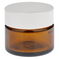 Glazen potje, bruin 15ml, met wit bakelieten deksel  Glazen potje, bruin 15ml, met wit bakelieten deksel