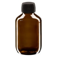 200ml Euro medicijnfles bruin met zwarte schroefdop OV 200ml Euro medicijnfles bruin met zwarte schroefdop OV
