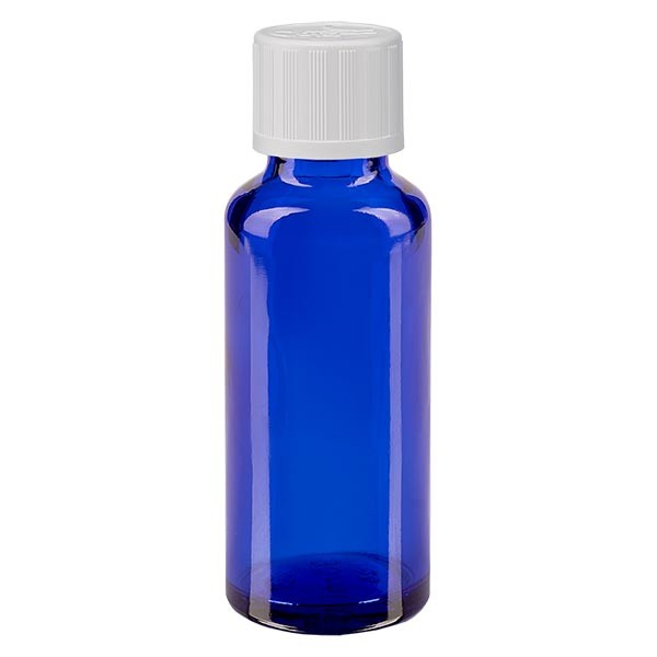 Blauwe glazen flessen 30ml met wit schroefsluiting kinderslot St