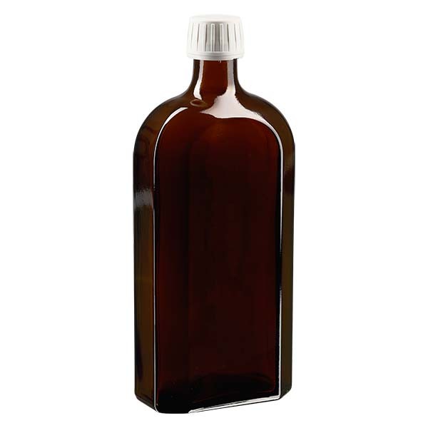 Flasque brune de 500 ml au goulot PP 28, avec bouchon à vis PP 28 blanc, joint en PEE et système d’inviolabilité