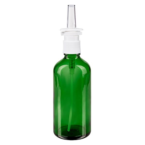 Flacon compte-gouttes vert 100 ml avec spray nasal blanc