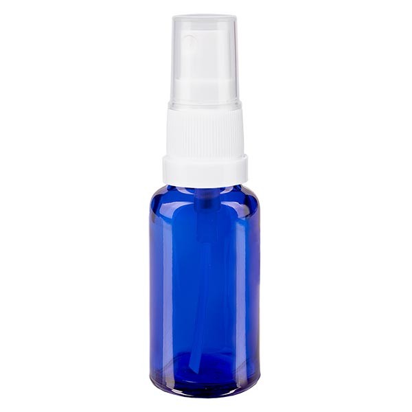 Flacon compte-gouttes bleu 20 ml avec vaporisateur à pompe blanc