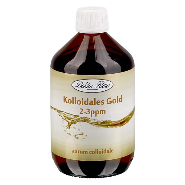 500 ml colloïdaal goud Doktor-Klaus, 2-3ppm, blauwe glazen fles met dop met verzegelring