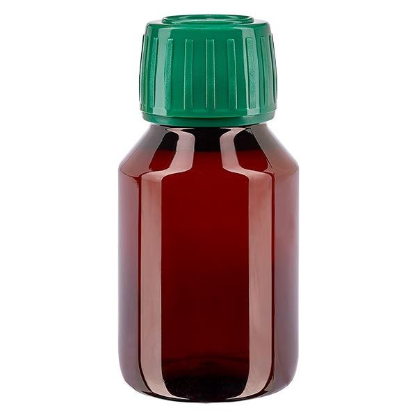 PET medicijnfles 50ml bruin (Veral fles) PP28, met groene OV