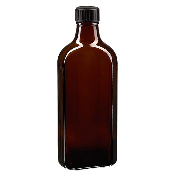 Flasque brune de 200 ml au goulot DIN 22, avec bouchon à vis DIN 22 noir et joint PEE