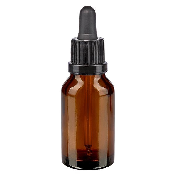 Apothekersfles bruin 15 ml pipet zwart met garantiesluiting (OV)