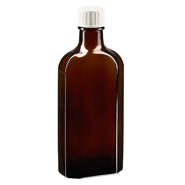 Flasque brune de 150 ml au goulot DIN 22, avec bouchon à vis DIN 22 blanc et bague anti-gouttes
