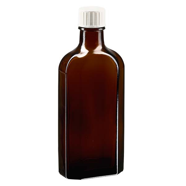 150 ml bruine meplatfles met DIN 22 monding, inclusief schroefsluiting DIN 22 wit met gietring