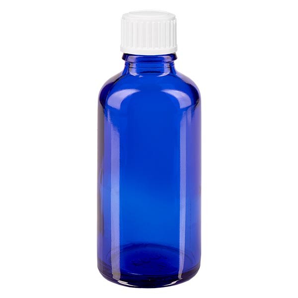 Blauwe glazen flessen 50ml met wit schroefsluiting globuli uitgietring St