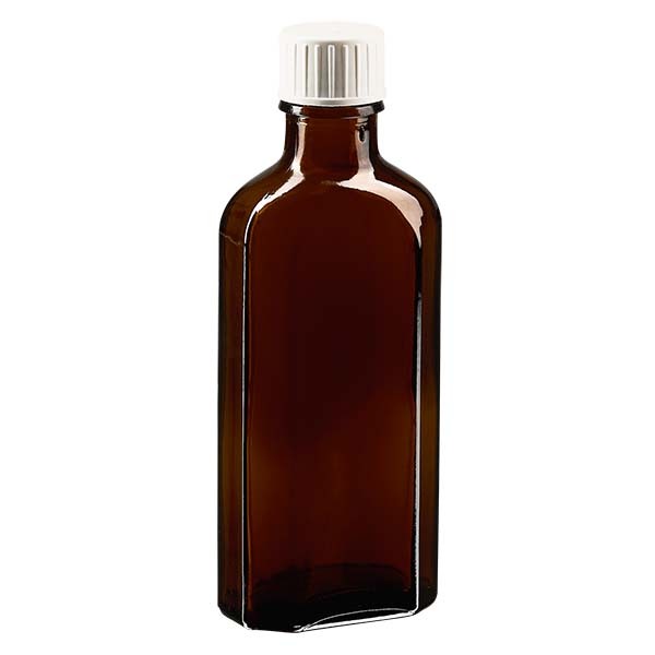 Flasque brune de 100 ml au goulot DIN 22, avec bouchon à vis DIN 22 blanc et bague anti-gouttes