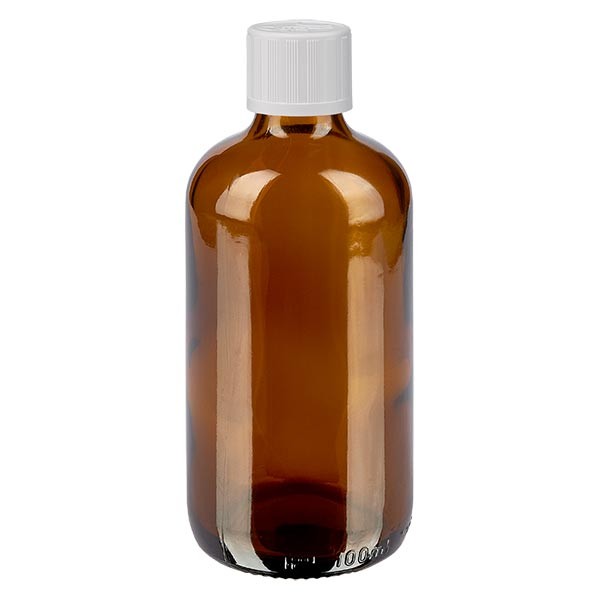 Bruine glazen fles 100ml met wit druppelsluiting kinderslot St