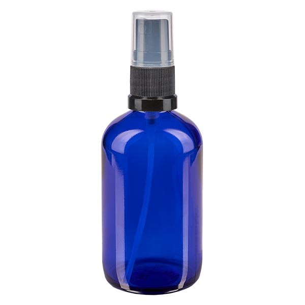 Flacon compte-gouttes bleu 100 ml avec vaporisateur à pompe noir