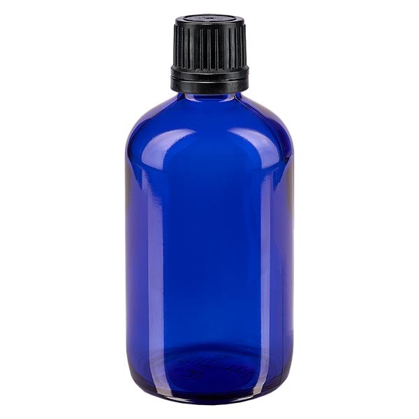 Blauwe glazen flessen 100ml met zwart schroefsluiting uitgietring VR