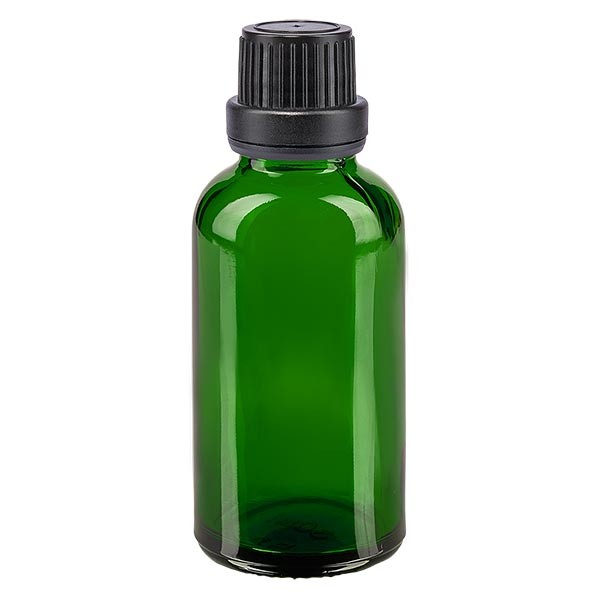 Groenen glazen flessen 30ml met zwart schroefsluiting dicht. VR