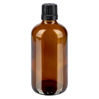 Bruine glazen fles 100ml met zwart schroefsluiting uitgietring VR Bruine glazen fles 100ml met zwart schroefsluiting uitgietring VR