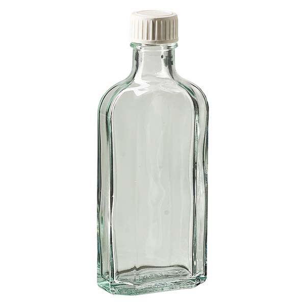 Flasque transparente de 125 ml au goulot DIN 22, avec bouchon à vis DIN 22 blanc en PP et joint mousse en PE