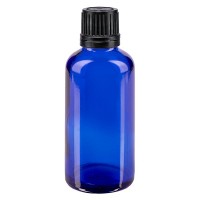 Blauwe glazen flessen 50ml met zwart druppelsluiting VR Blauwe glazen flessen 50ml met zwart druppelsluiting VR