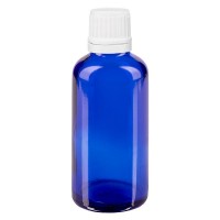 Blauwe glazen flessen 50ml met wit schroefsluiting VR Blauwe glazen flessen 50ml met wit schroefsluiting VR