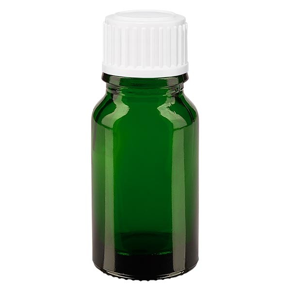 Flacon pharmaceutique vert 10 ml bouchon compte-gouttes 0.8 mm blanc standard