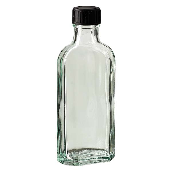 Flasque transparente de 100 ml au goulot DIN 22, avec bouchon à vis DIN 22 noir et joint PEE
