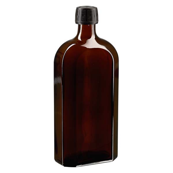 Flasque brune de 500 ml au goulot PP 28, avec bouchon à vis PP 28 noir, joint en PEE et système d’inviolabilité