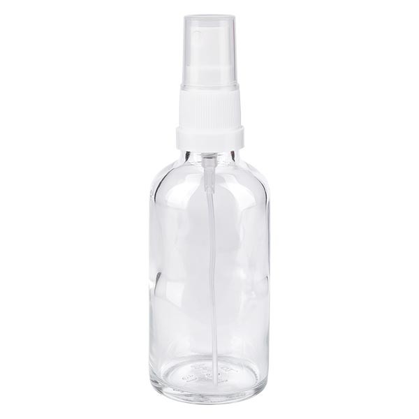 Flacon compte-gouttes clair 50 ml avec vaporisateur à pompe blanc