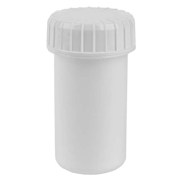 Pot en plastique blanc 20 ml + couvercle à vis blanc strié en PE, fermeture standard