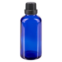 Blauwe glazen flessen 50ml met zwart schroefsluiting dicht. VR Blauwe glazen flessen 50ml met zwart schroefsluiting dicht. VR