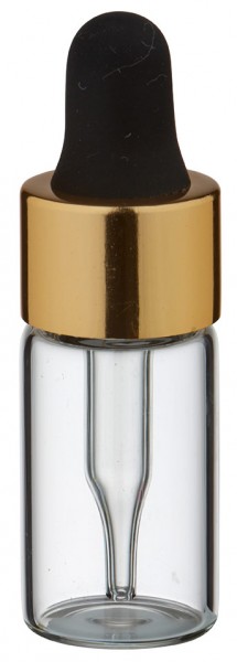 Mini flacon transparent de 3 ml, avec pipette compte-gouttes PL28 dorée/noire