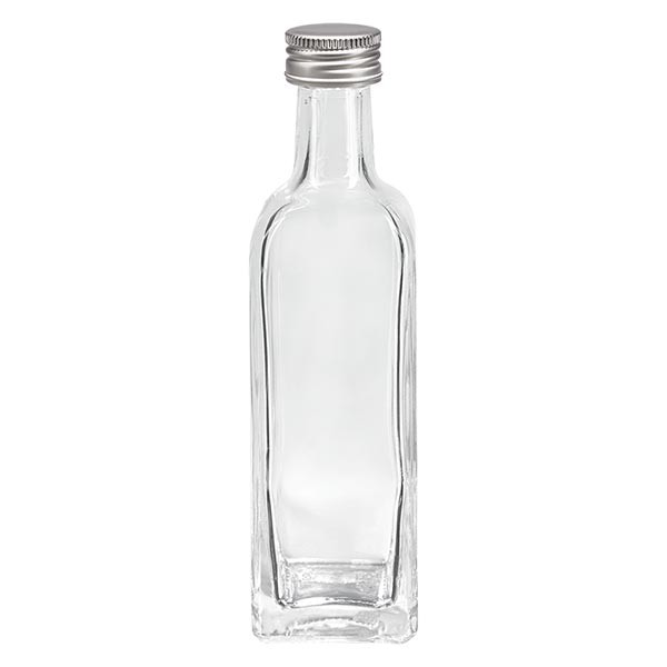 Bouteille à liqueur transparente 60 ml carrée + capsule à vis en aluminium argenté (PP 18 mm)