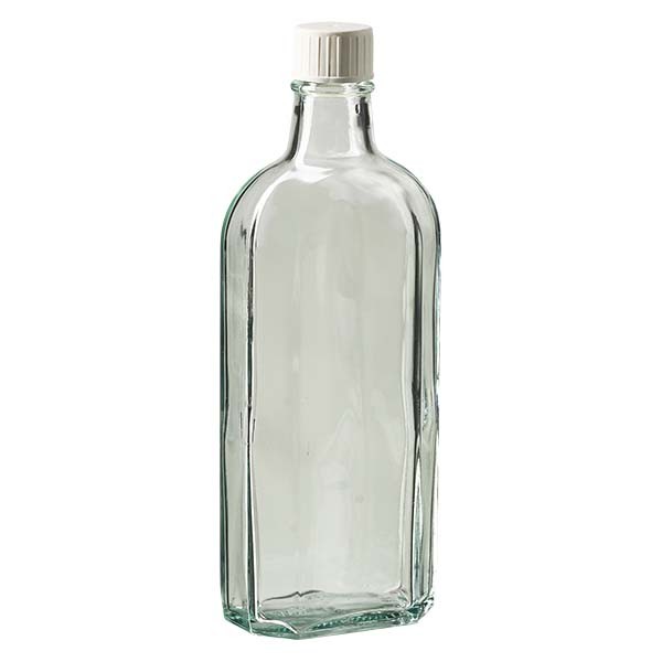 Flasque transparente de 250 ml au goulot DIN 22, avec bouchon à vis DIN 22 blanc et bague anti-gouttes