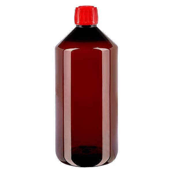 PET medicijnfles 1000ml bruin (Veral fles) PP28, met rood OV