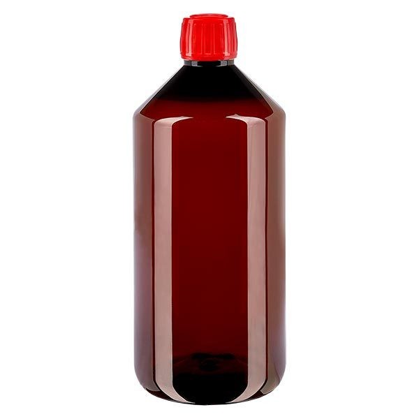 Flacon médical en PET 1000 ml ambré, avec bouchon à vis rouge PP28