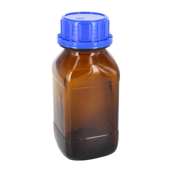 250 ml vierkante fles met wijde hals bruin glas, incl. schroefsluiting VR DIN45 blauw met cone afdichting
