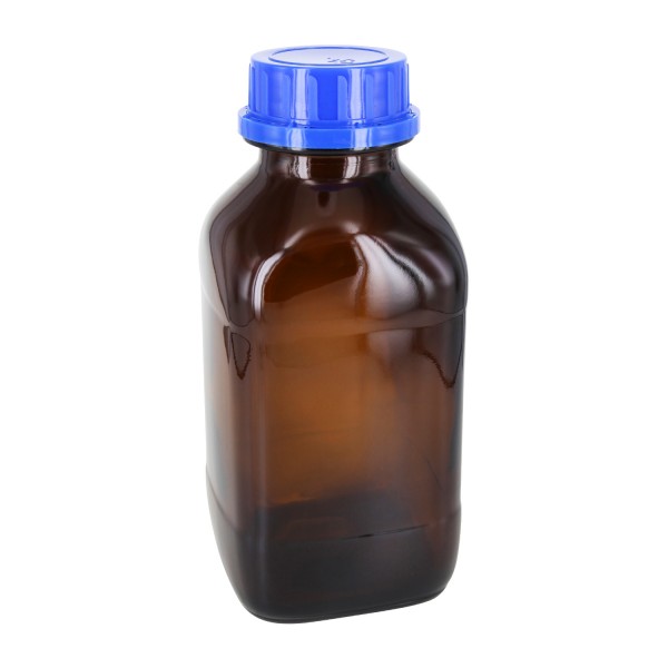 1000 ml vierkante fles met wijde hals bruin glas, incl. schroefsluiting VR DIN54 blauw met EPE-tussenlaag
