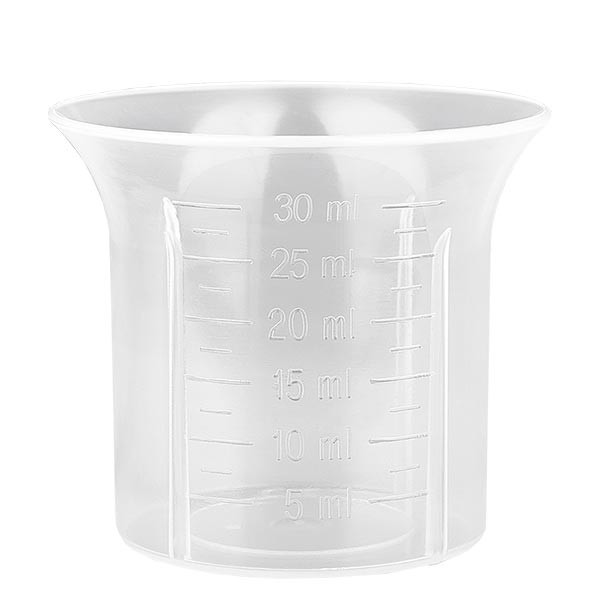 Gobelet doseur de 30 ml pour bouchon à vis blanc de 28 mm graduation à partir de 5 ml par pas de 2,5 ml