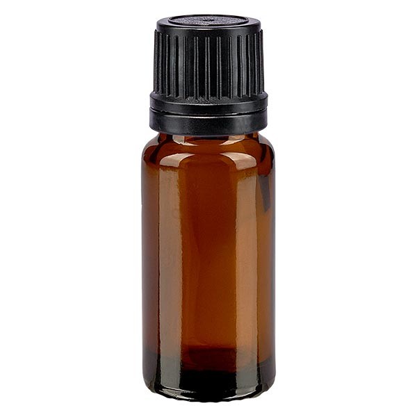 Flacon pharma. ambre 10 ml bouch. à vis noir bague anti-g. inviolable