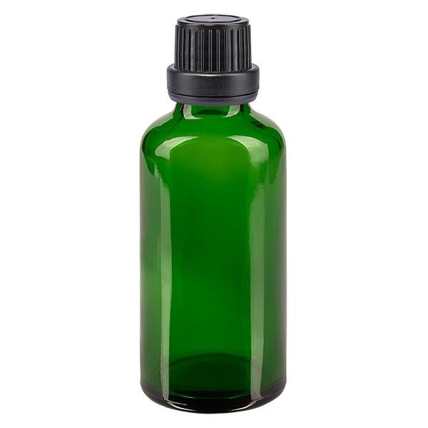 Groenen glazen flessen 50ml met zwart schroefsluiting dicht. VR