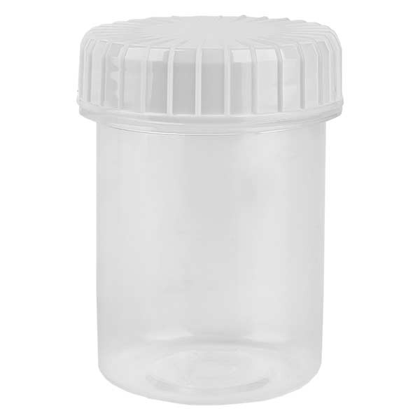 Kunststof pot 40ml transparant met geribbeld wit schroefdeksel van PE, type sluiting standaard