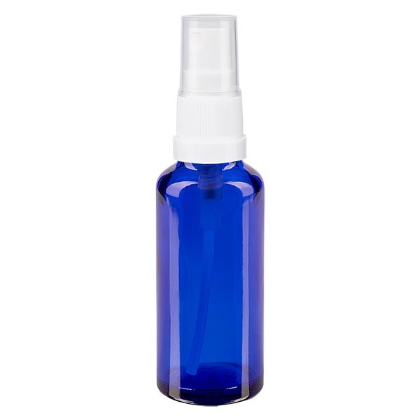 Flacon compte-gouttes bleu 30 ml avec vaporisateur à pompe blanc