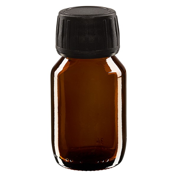 Flacon médical 50 ml couleur ambrée avec bouchon noir