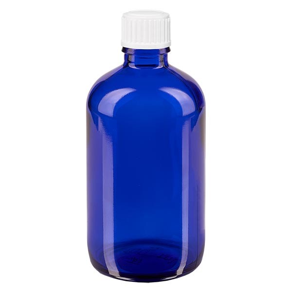 Blauwe glazen flessen 100ml met wit schroefsluiting globuli uitgietring St