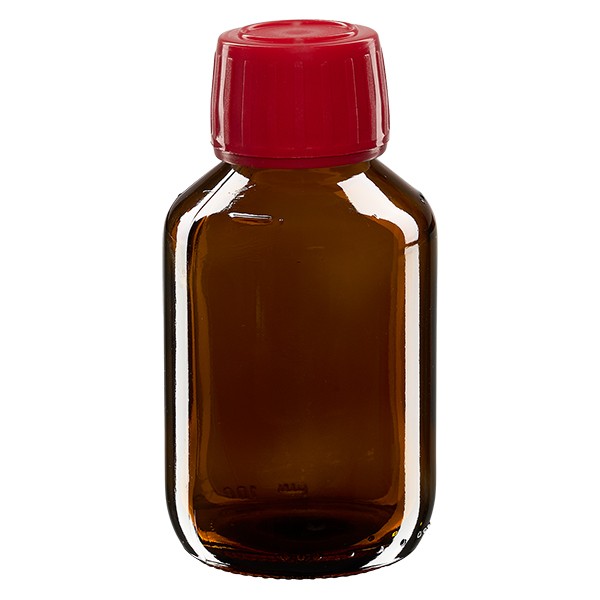 Flacon médical 100 ml couleur ambrée avec bouchon rouge