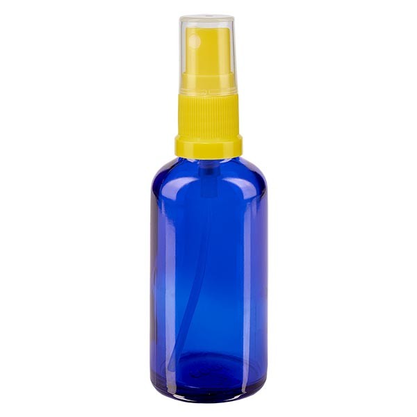 Blauwe glazen flessen 50ml met geel pompverstuiver