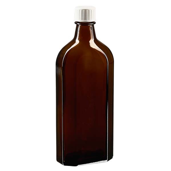 Flasque brune de 250 ml au goulot DIN 22, avec bouchon à vis DIN 22 blanc et bague anti-gouttes