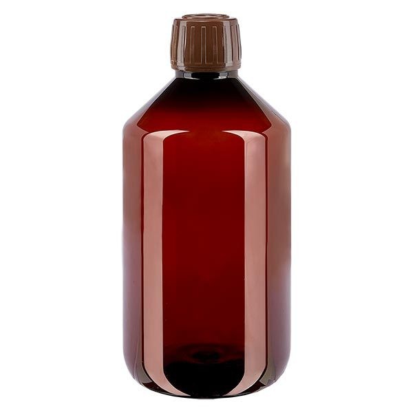 Flacon médical de 500 ml en PET, avec bouchon à vis brun PP28